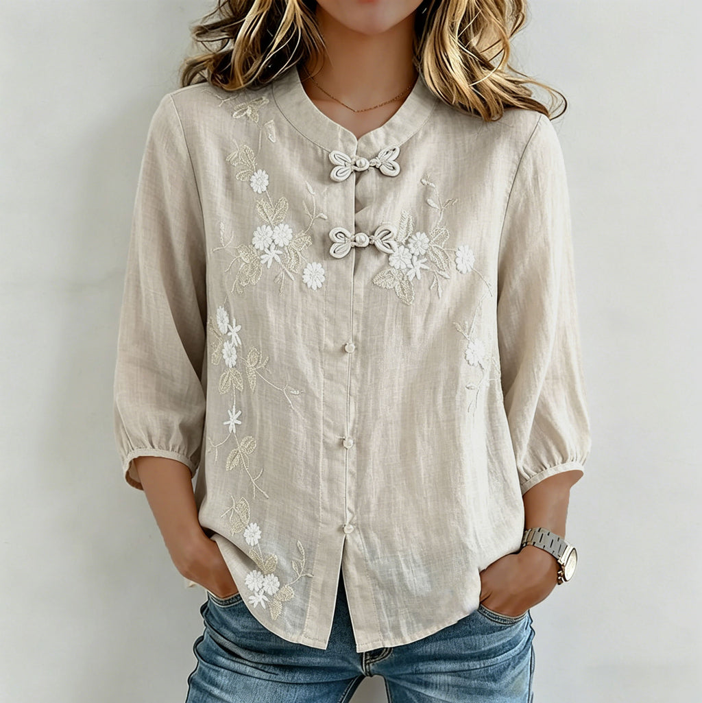 Women's Artistic Floral Embroidery Cotton Linen Casual Three-quarter Sleeve Top