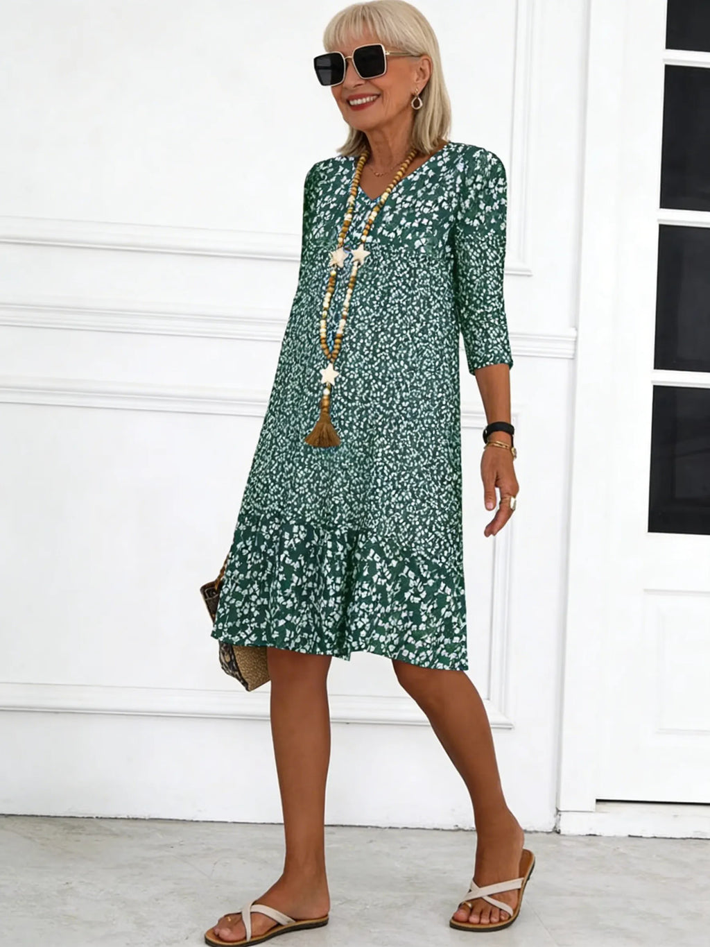 Bohemian Floral Print Half Sleeve V-neck Mid-Length Dress