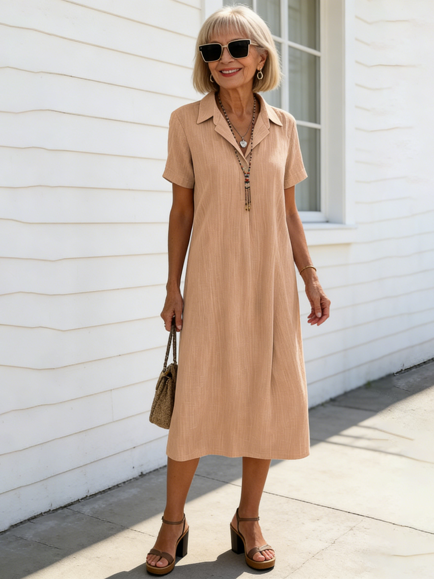 Loose Short-sleeved V-neck Solid Color Cotton and Linen Shirt Dress