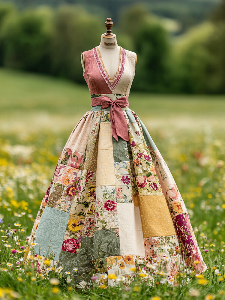 Women's Vintage Floral Patch V Neck Comfy Maxi Dress