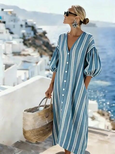 Women'S Casual Color-Block Cotton And Linen Dress