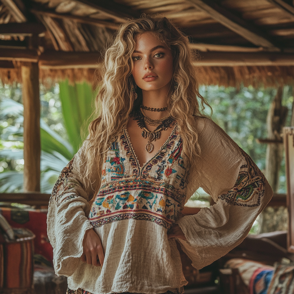 Bohemian Resort Vintage Linen Print Casual Long Sleeve Top