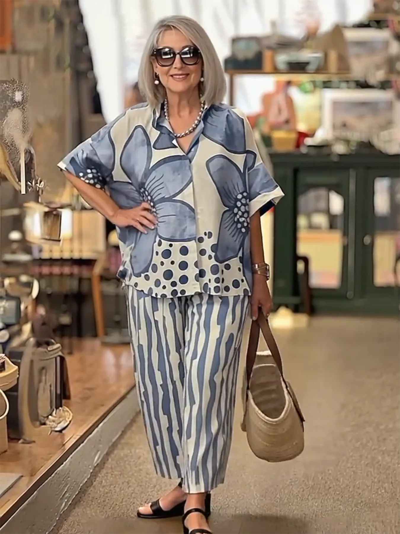 2Pcs Lapel Loose Geometric Printing Casual Set