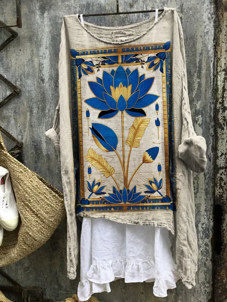 Ancient Egyptian Lotus Golden Art Linen Tunic