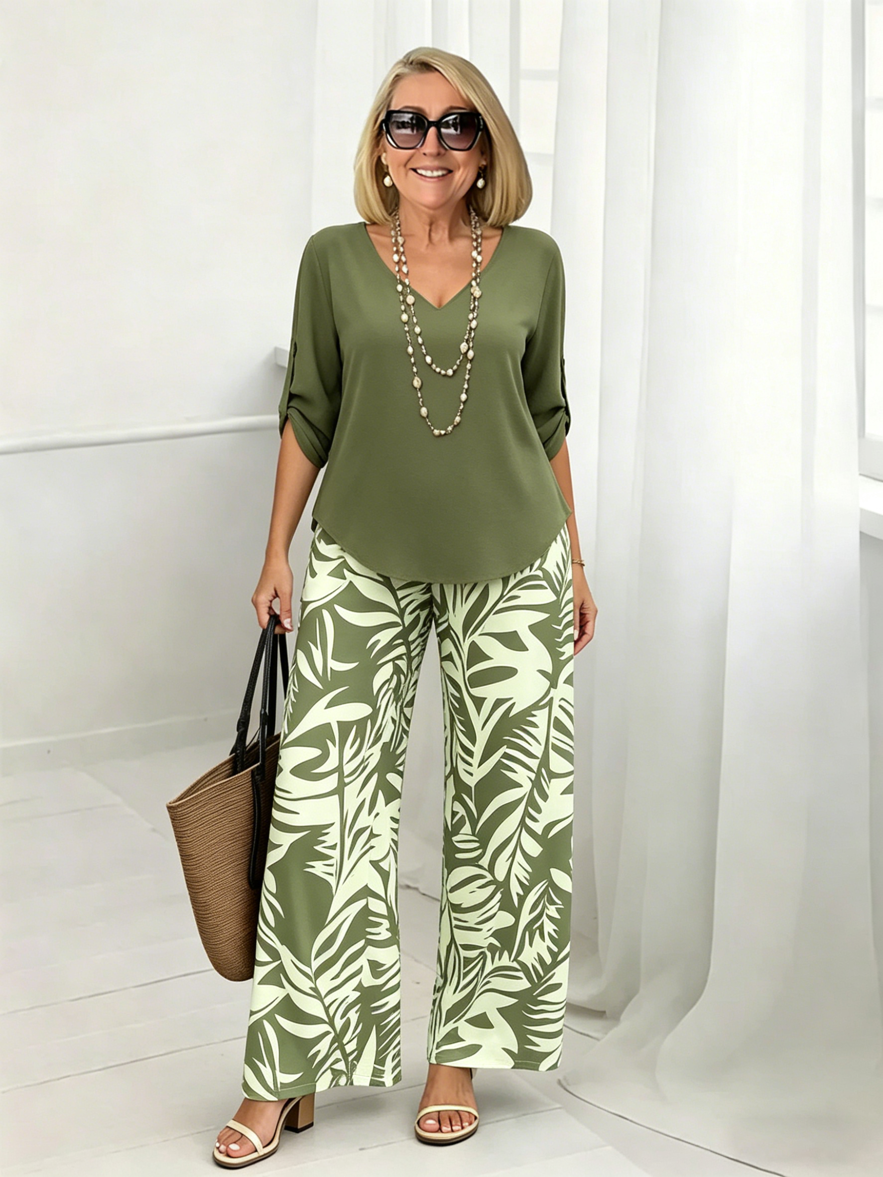 2Pcs Vacation Casual V-neck Long-sleeved Trousers Digital Printing Women's Suit