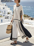 Women'S Loose Slit Contrast Striped Pants Set