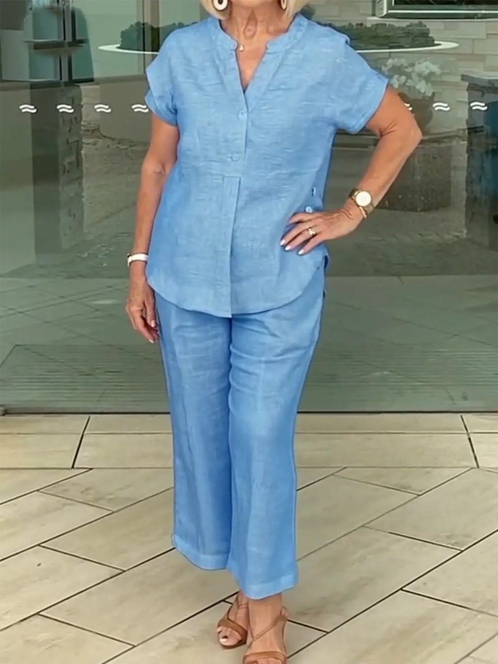 2Pcs Cressia Side Button Top Cotton and Linen Pants