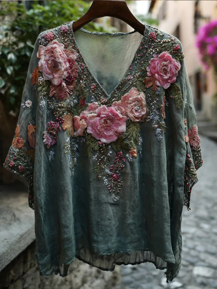 Bohemian Style Three-dimensional Floral Vintage Cotton And Linen Movie Green V-neck Short-sleeved Shirt
