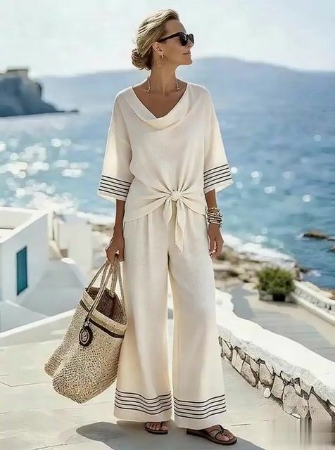 Women'S Casual Striped Color-Block Cotton And Linen Top And Pants Two-Piece Set