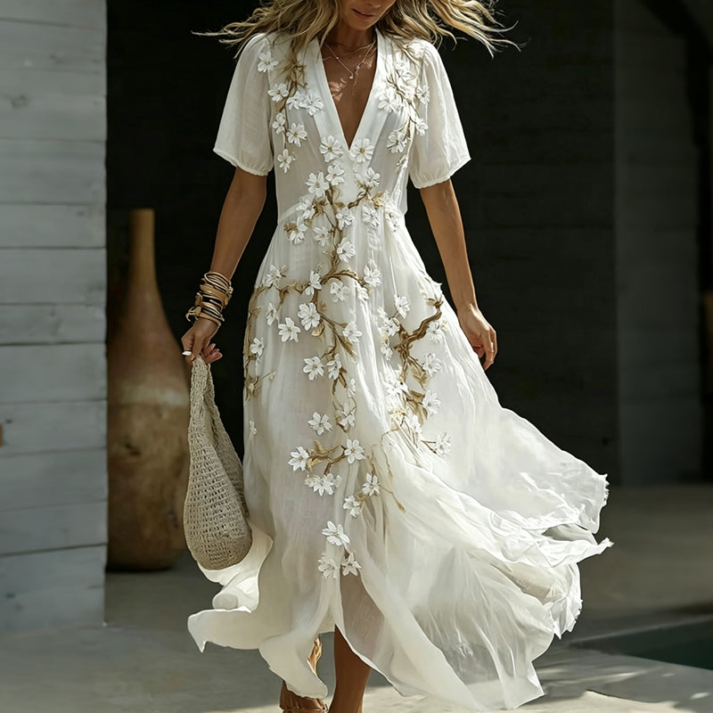 Women's Vintage Floral Art Casual Short Sleeve Linen Maxi Dress