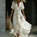 Women's Vintage Floral Art Casual Short Sleeve Linen Maxi Dress