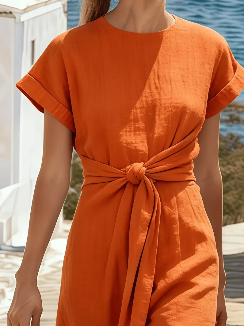 Women's Round Neck Pleated Short-Sleeved Dress