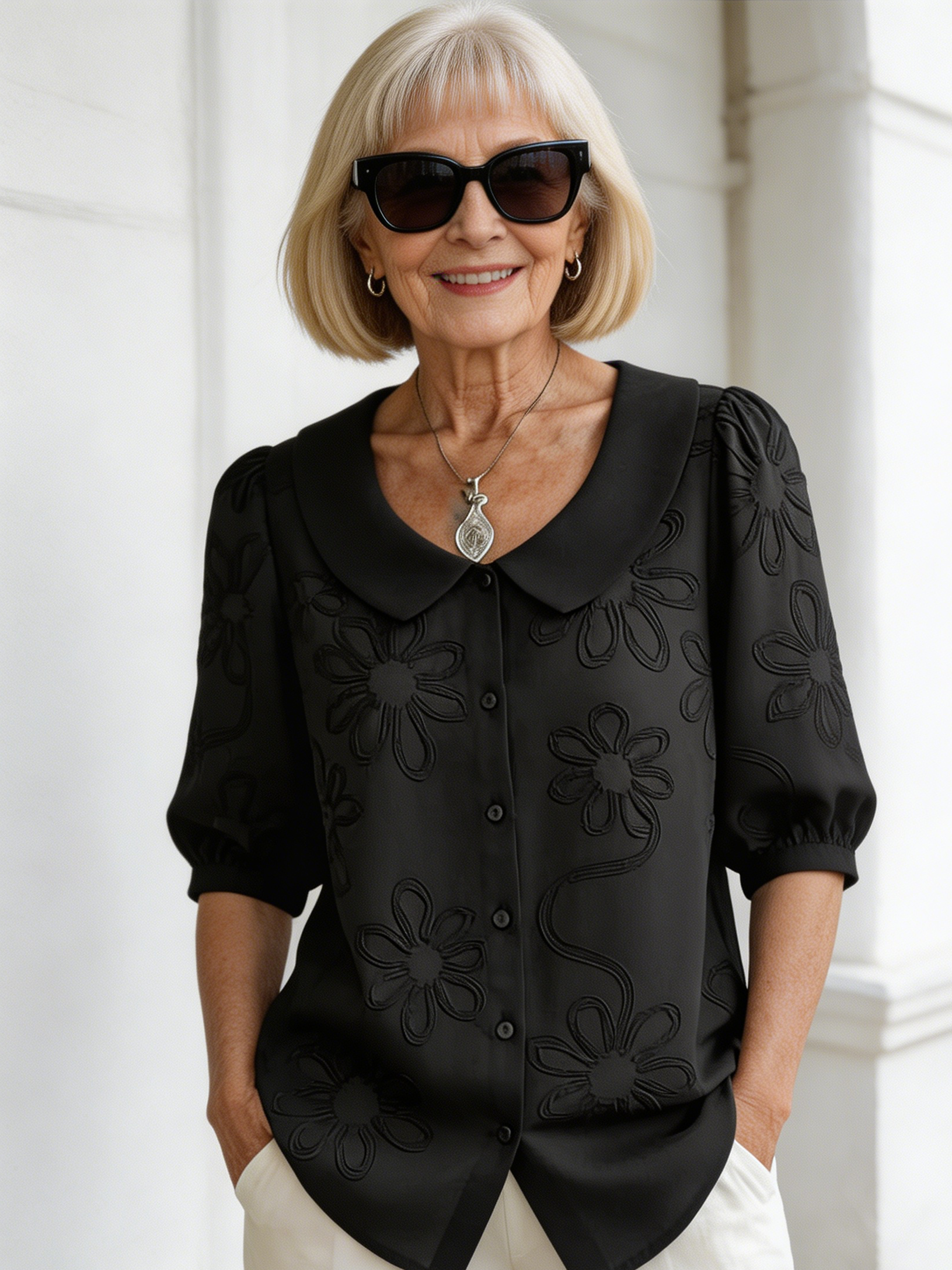 Loose Casual Vintage Button Embroidered Floral Medium Sleeve Shirt