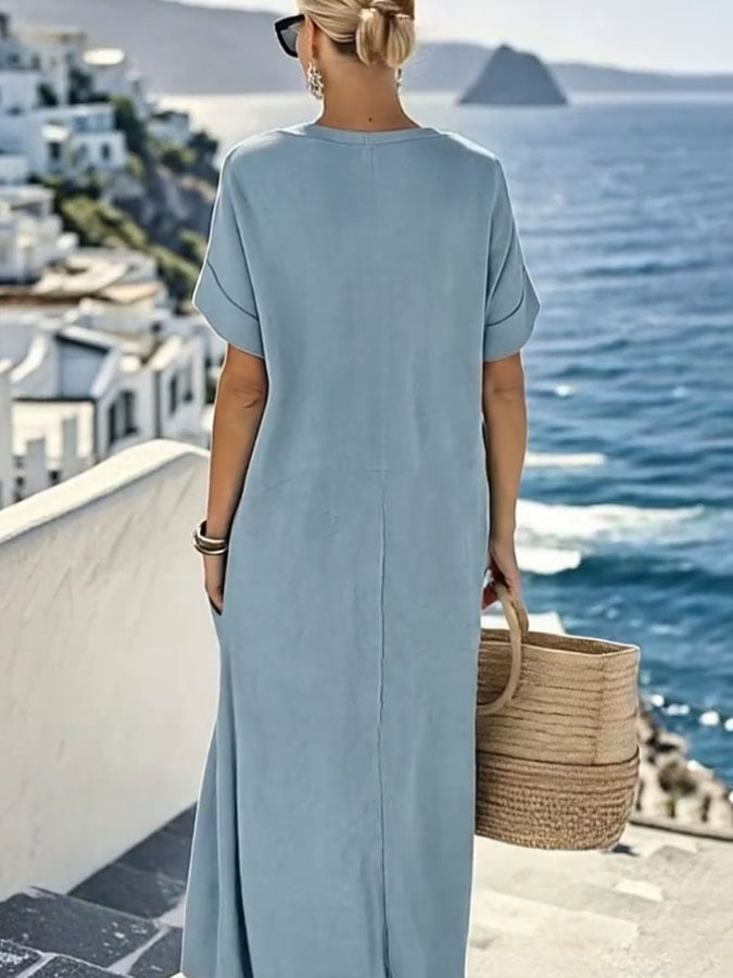 Women'S Solid Color Short-Sleeved Loose Cotton And Linen Dress