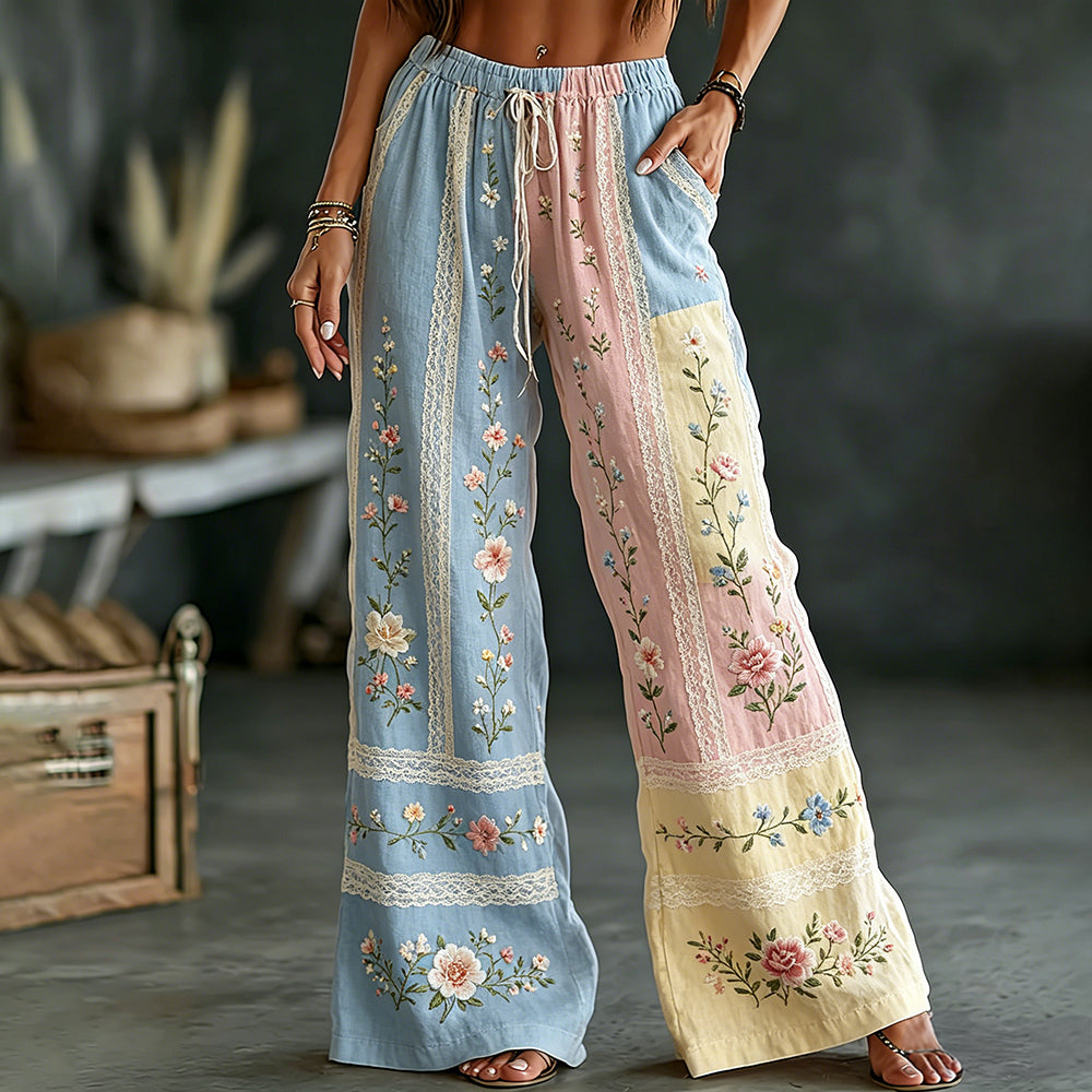 Vintage Pink Floral And Lace Art Embroidery Spliced Comfortable Cotton Linen Distressed Casual Pants