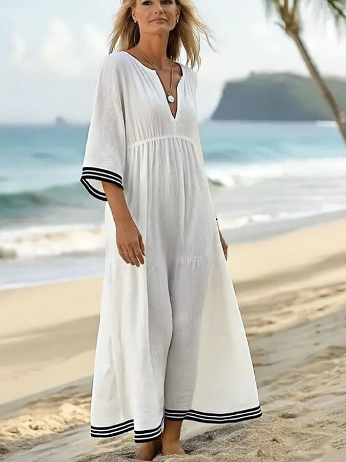 Women's Holiday Stripe Print V-Neck Cotton and Linen Dress