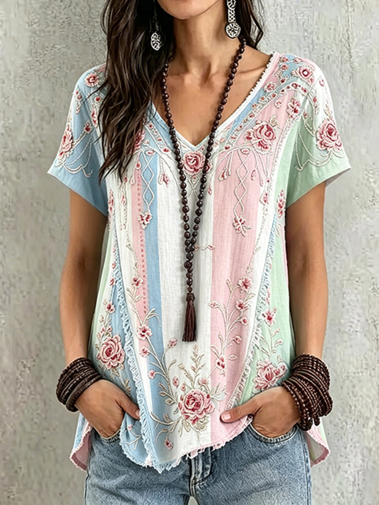 Women's Retro Pink Floral Patchwork Casual Linen Blend T-shirt
