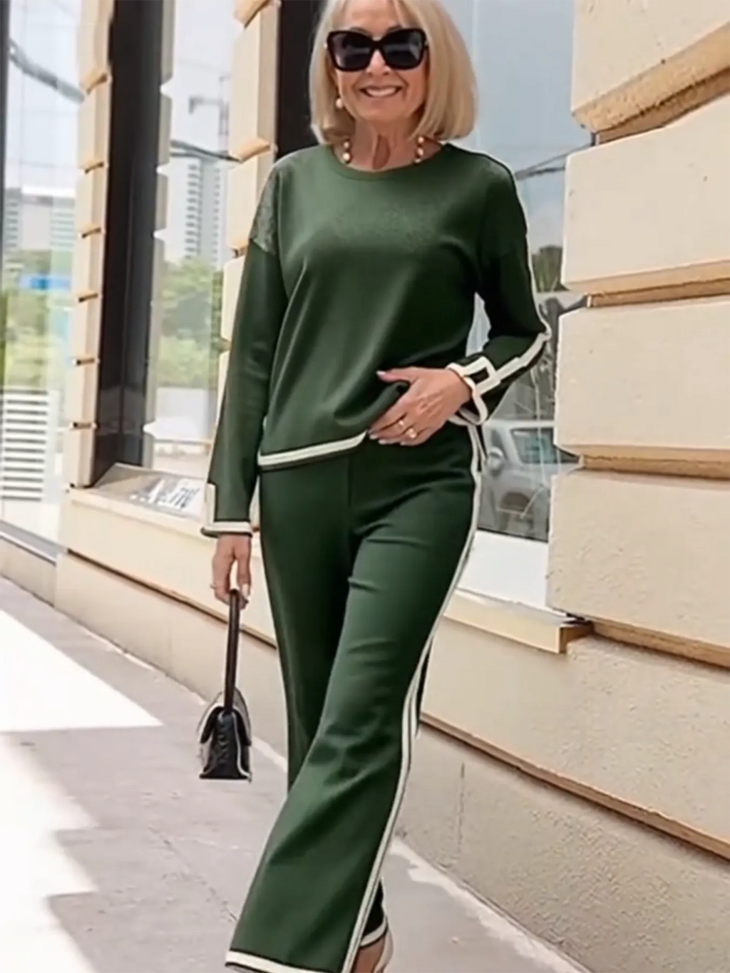 Contrasting Color Split-ended Long-sleeved Knitted Sweater High-waisted and Thin Wide-leg Pants and Trousers Two-piece Set