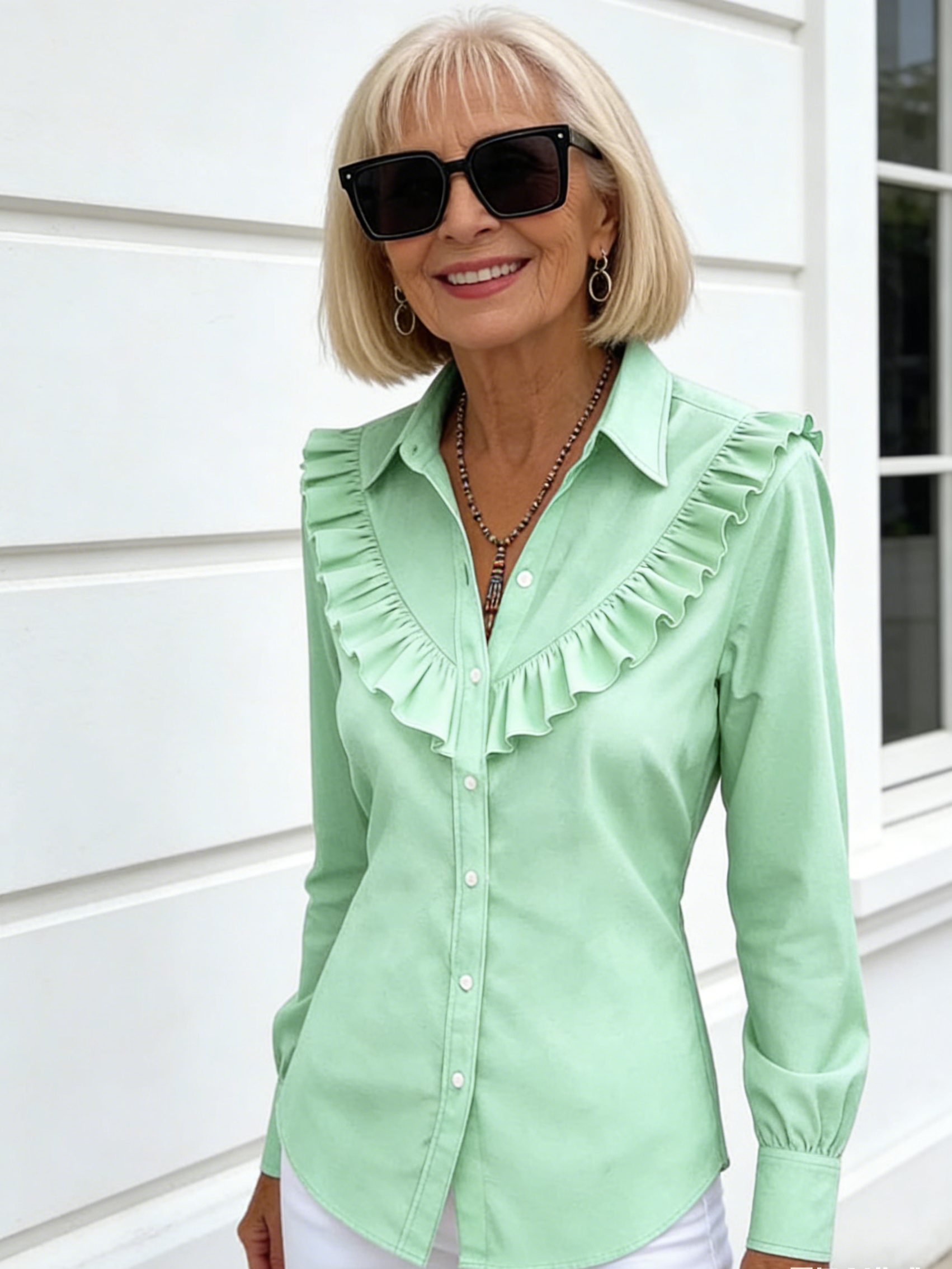 Women's Solid Color Shirt Collar Long Sleeve Casual Loose Ruffle Edge Cotton and Linen Top