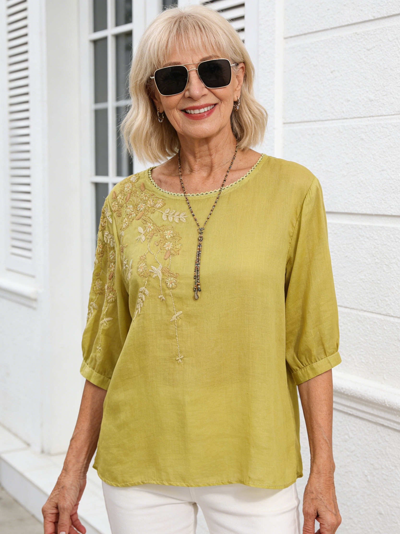 Thin Shirt Cotton and Linen Embroidered T-shirt Short Sleeve Literary and Retro Loose and Thin