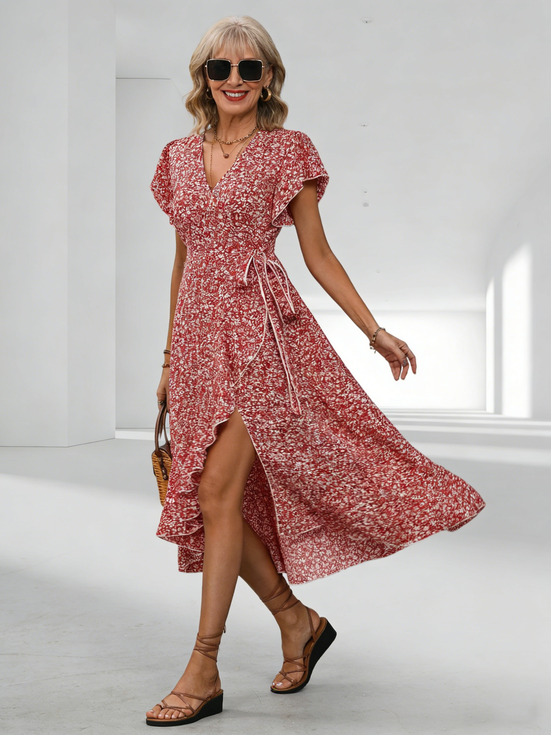 Small Floral V-neck Cardigan Belt Wrap Short Sleeve Bohemian Vacation Dress Women