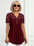 Solid Color Lace Short-sleeved V-neck, Casual Shirt