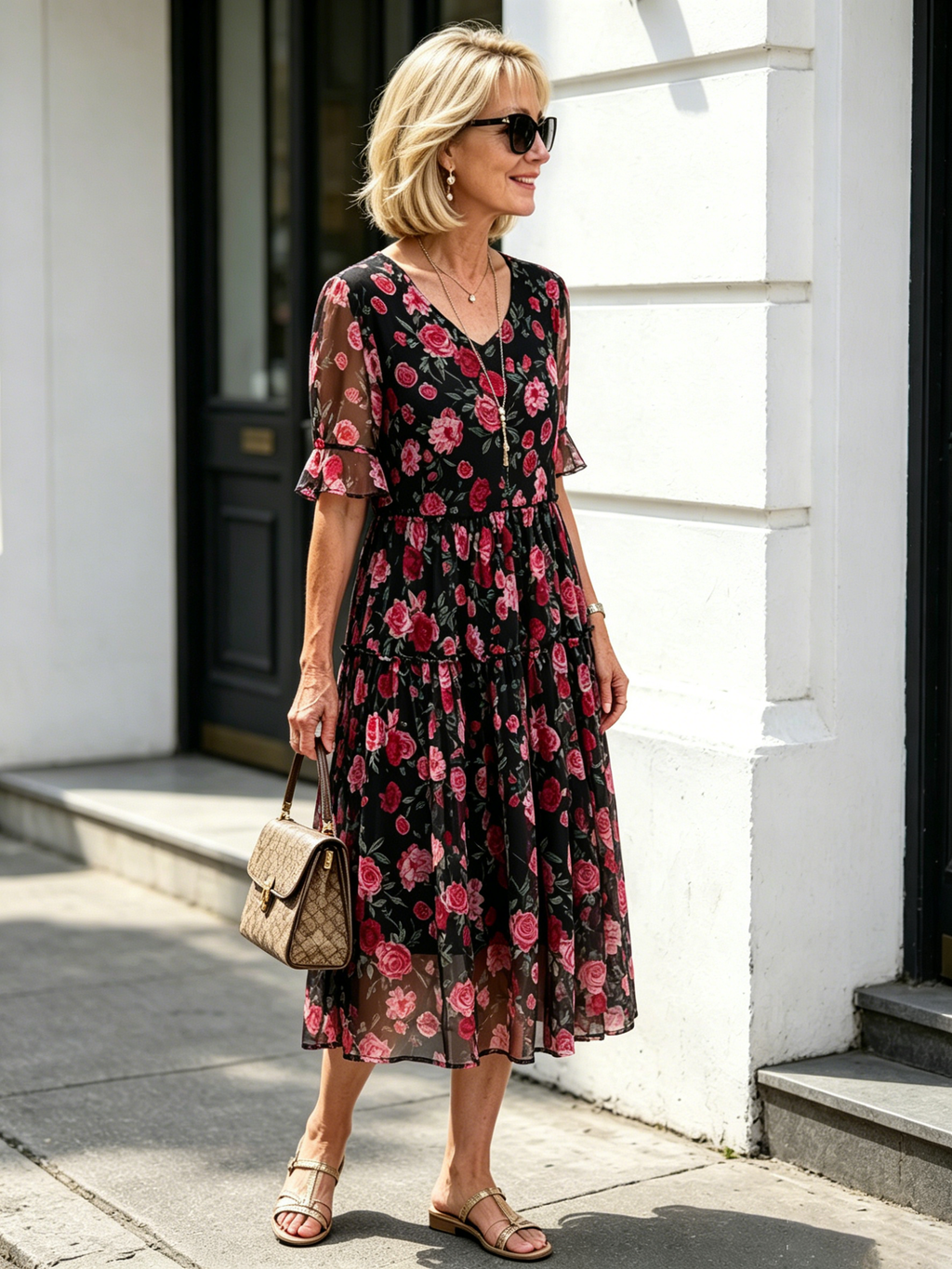 Black Rose Floral Mesh Tiered Midi Dress, V-Neck Ruffle Short Sleeve Loose Tummy Concealing Temperament Dress for Mature Women