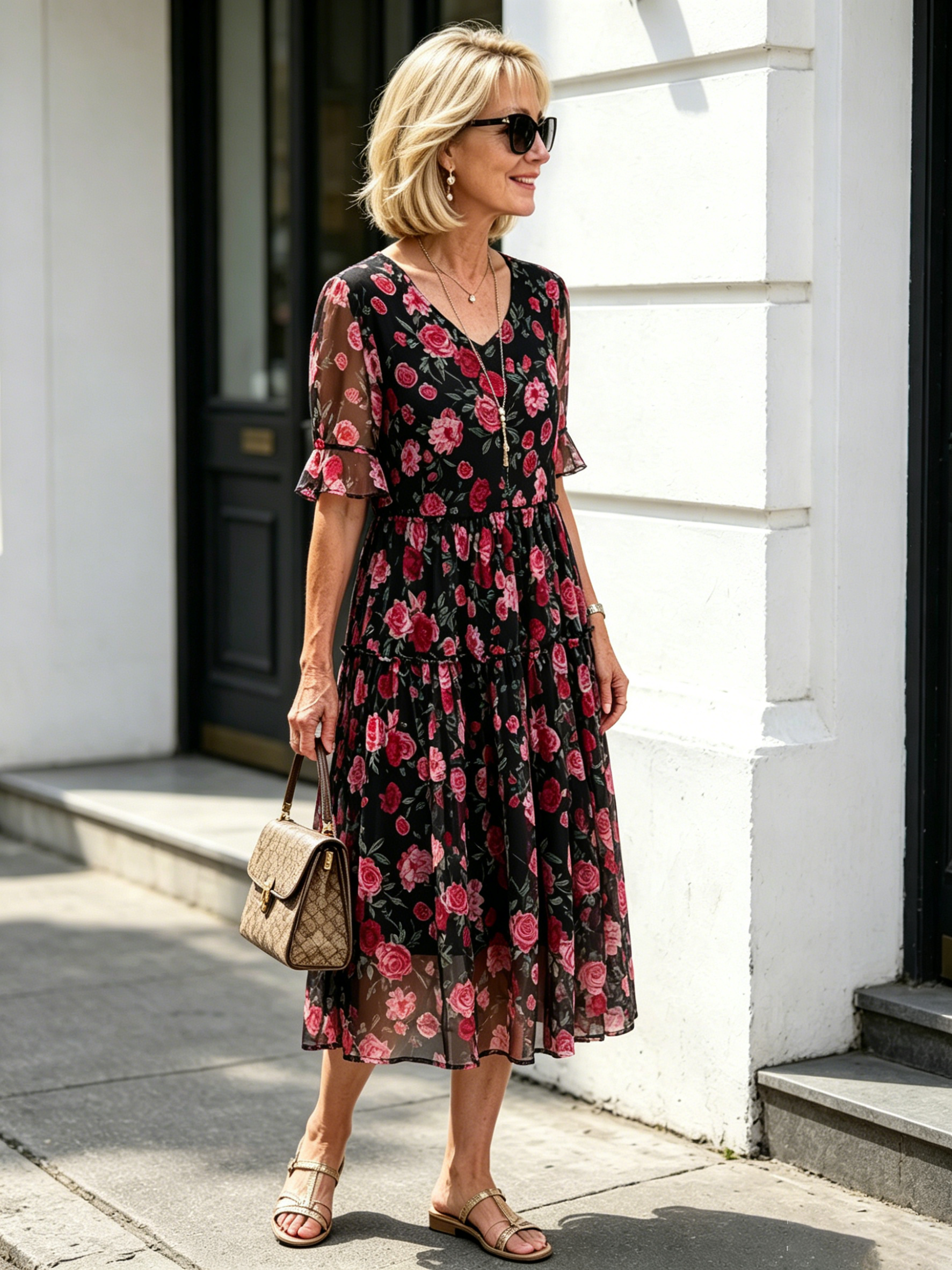 Black Rose Floral Mesh Tiered Midi Dress, V-Neck Ruffle Short Sleeve Loose Tummy Concealing Temperament Dress for Mature Women