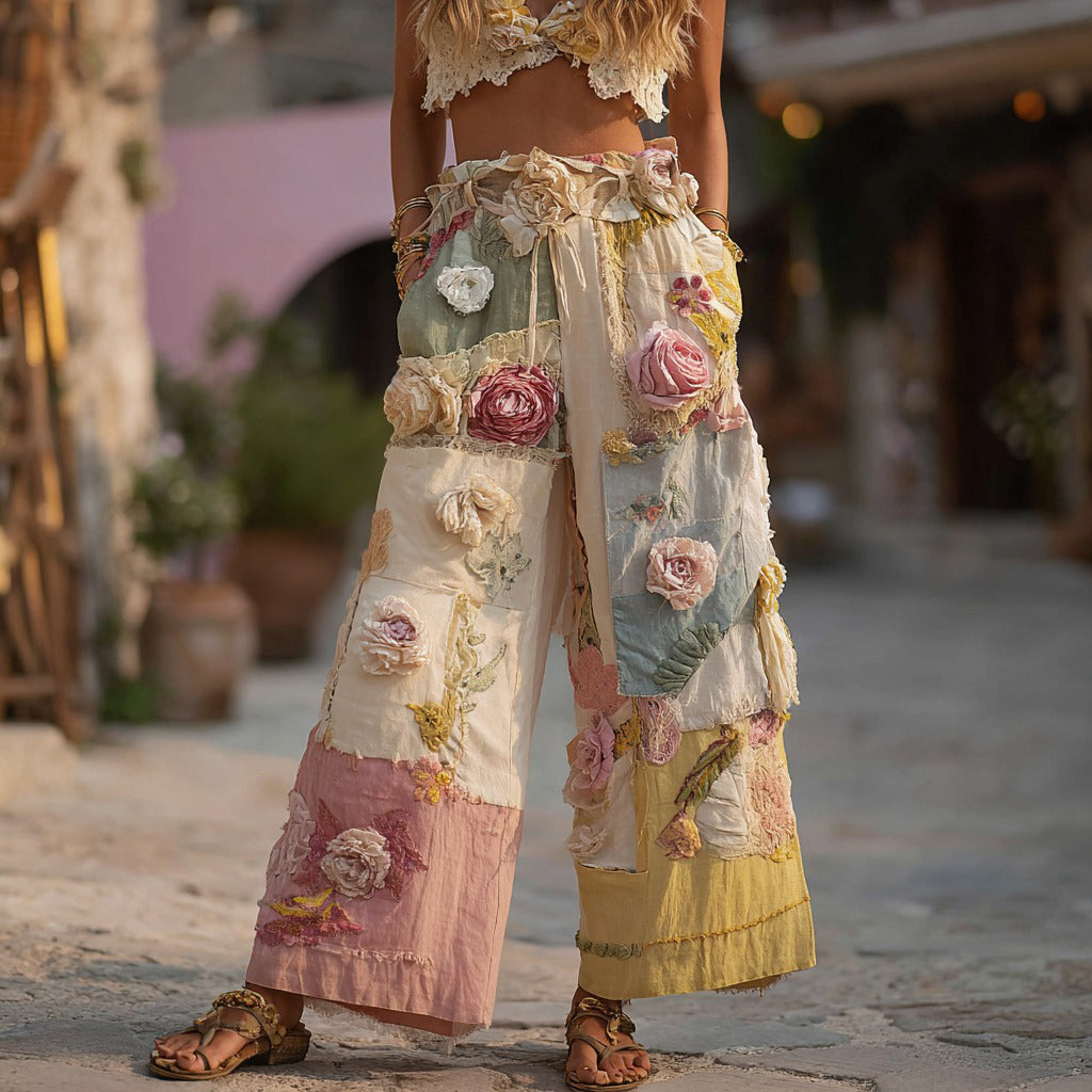 Women's Retro Colorful Rose Stitching Casual Pants
