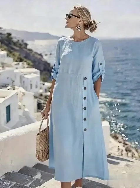 Women'S Casual Solid Color Button-Down Dress With Side Slit