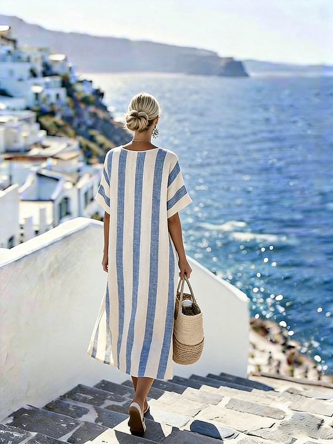 Women'S Casual Round-Neck Striped Vacation Dress