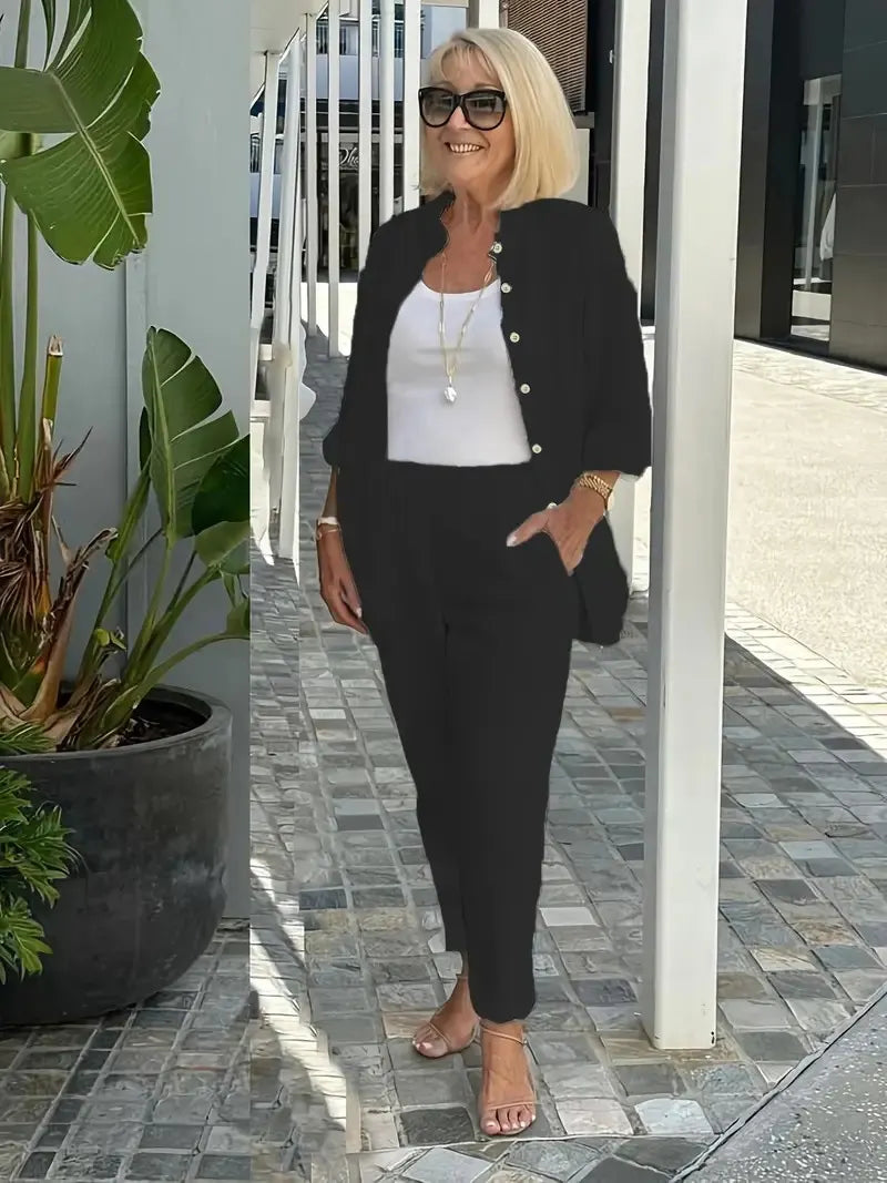 Long Sleeve Button Shirt &Minimalist Solid Two-piece Set