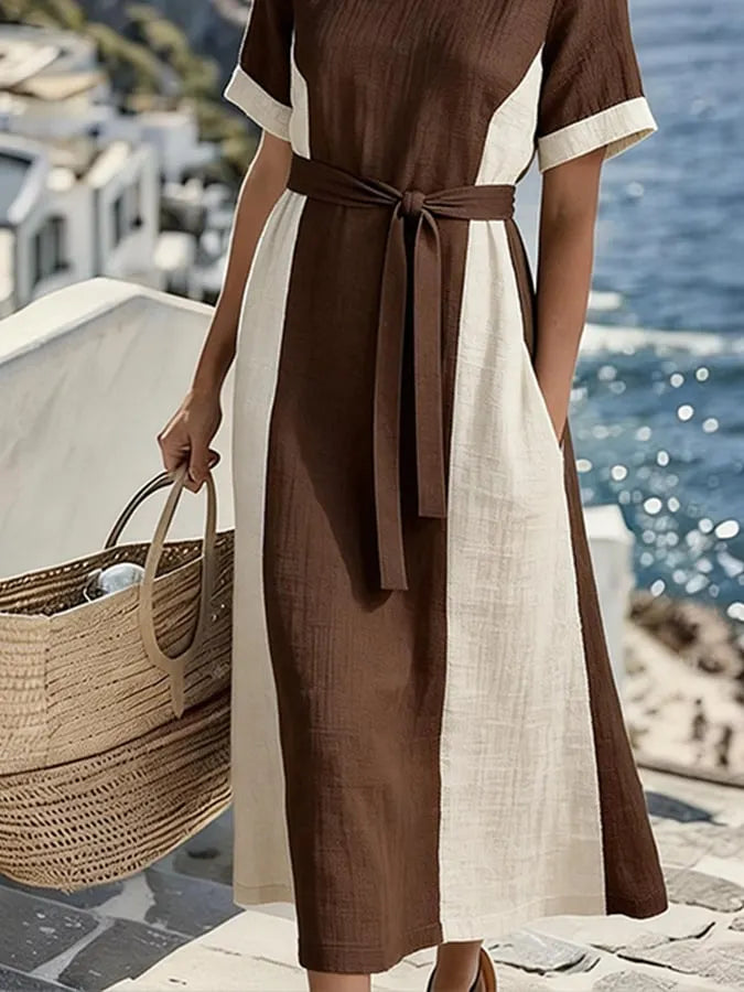 Women'S Casual Round Neck Color-Blocked Dress