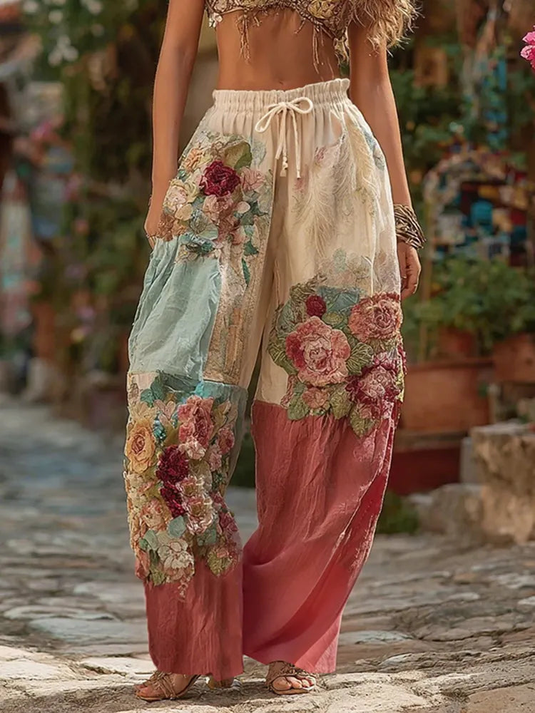 Women's Bohemian Floral Embroidery Patchwork Art Linen Blend Pants