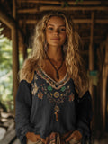 Retro Boho Tribal Art Embroidery Print Cotton And Linen V-neck Loose Shirt