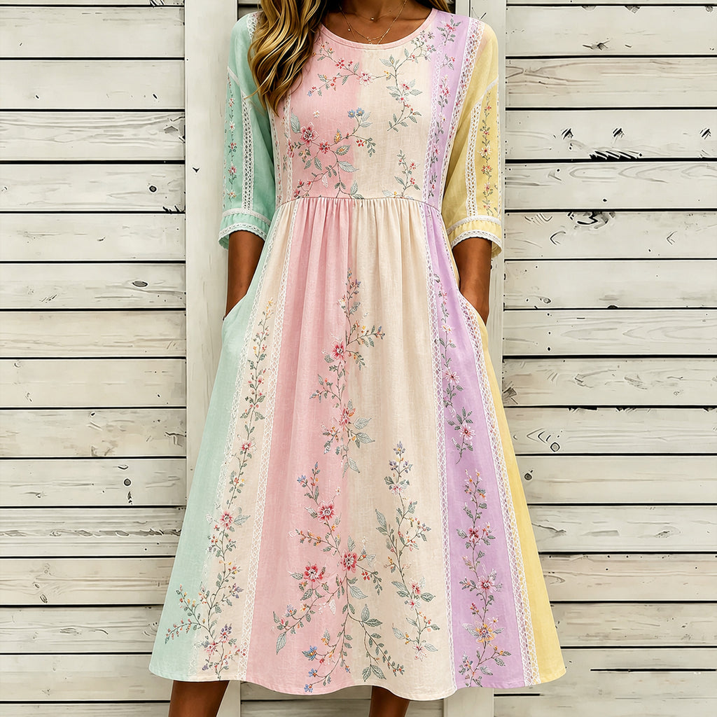 Women's Retro Floral Art Embroidery Striped Spliced Comfortable Cotton Linen Refreshing Round Neck Dress