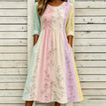 Women's Retro Floral Art Embroidery Striped Spliced Comfortable Cotton Linen Refreshing Round Neck Dress