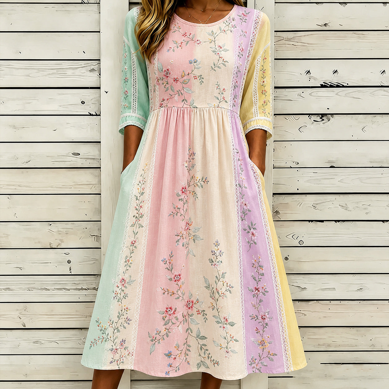 Women's Retro Floral Art Embroidery Striped Spliced Comfortable Cotton Linen Refreshing Round Neck Dress