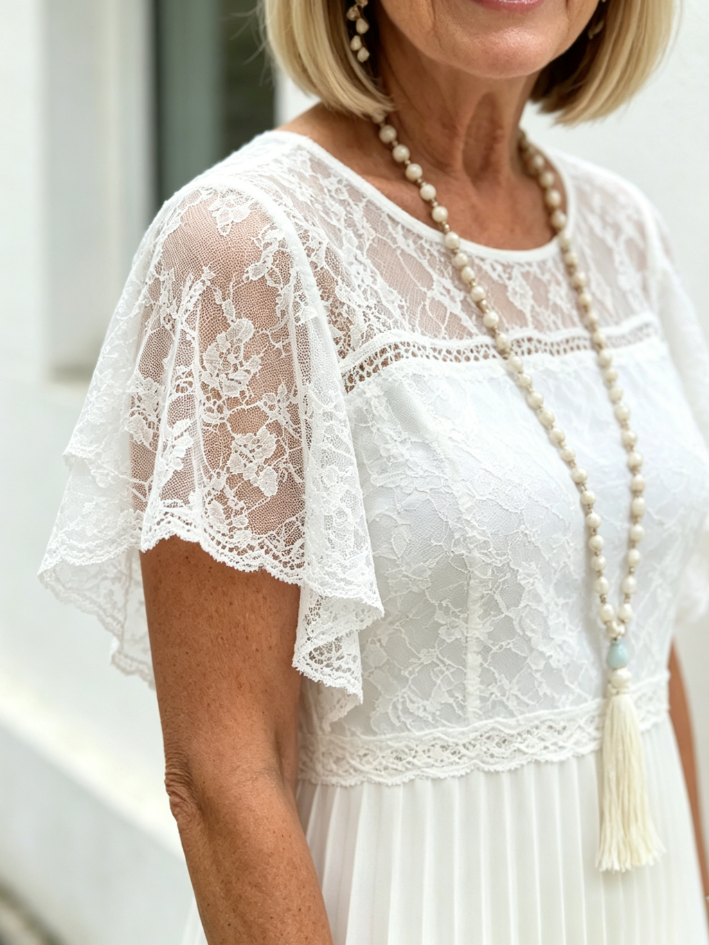 White Lace Pleated Midi Dress, Ruffle Short Sleeve Round Neck Spliced Elegant Dress for Mature Women