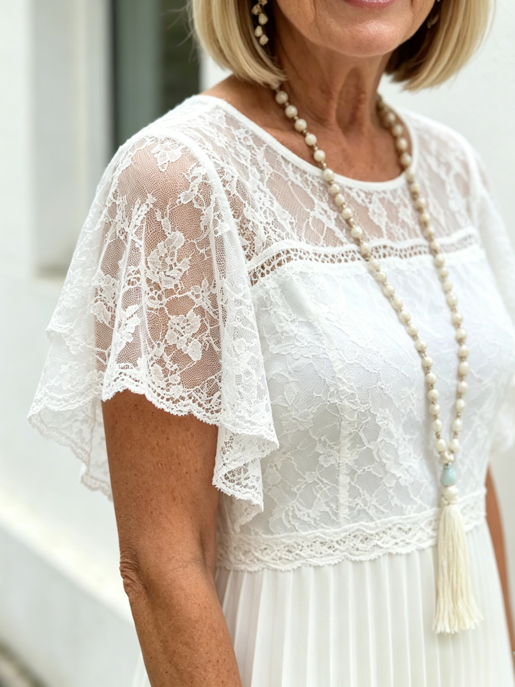White Lace Pleated Midi Dress, Ruffle Short Sleeve Round Neck Spliced Elegant Dress for Mature Women