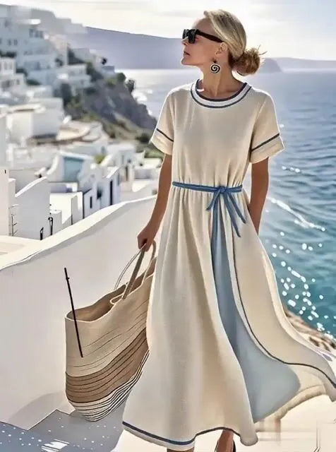 Women'S Contrast Color Stitching Belt Dress