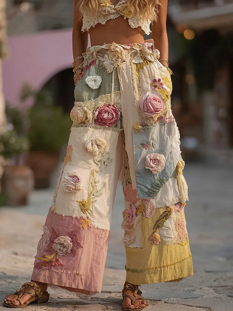 Women's Retro Colorful Rose Stitching Casual Pants