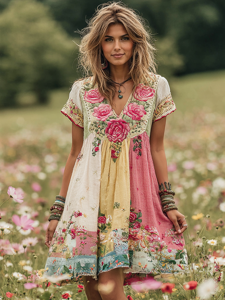 Women's Vintage Floral Patch Linen Short Dress