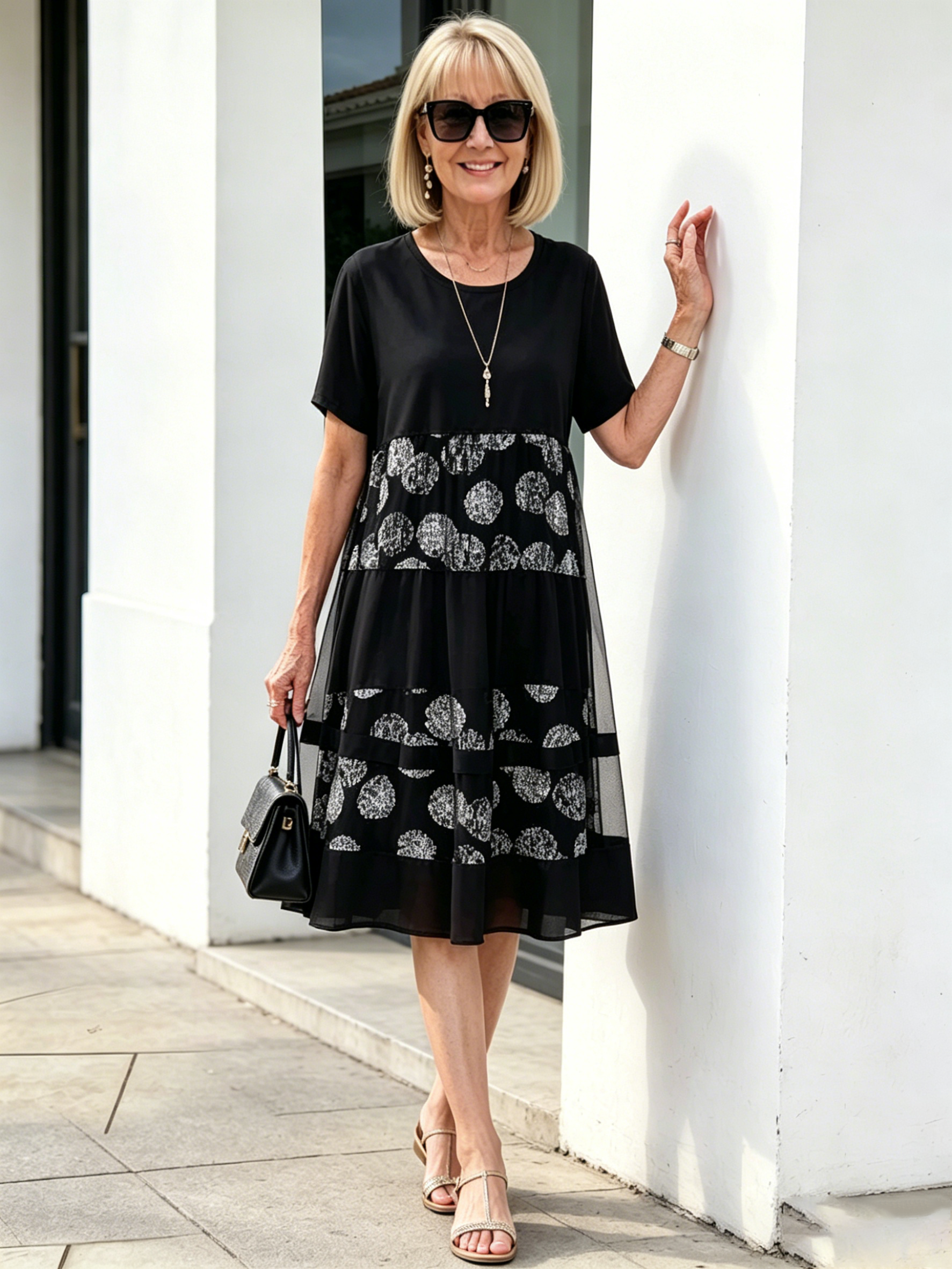 Black Polka Dot Fake Two-Piece Tiered Midi Dress, Round Neck Short Sleeve Loose Tummy Concealing Summer Dress for Mature Women