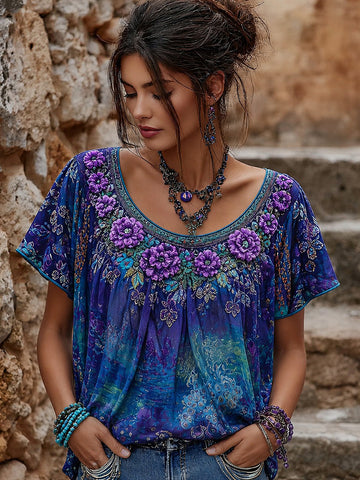 Women's Purple Floral Embroidery Gradient Casual T-shirt