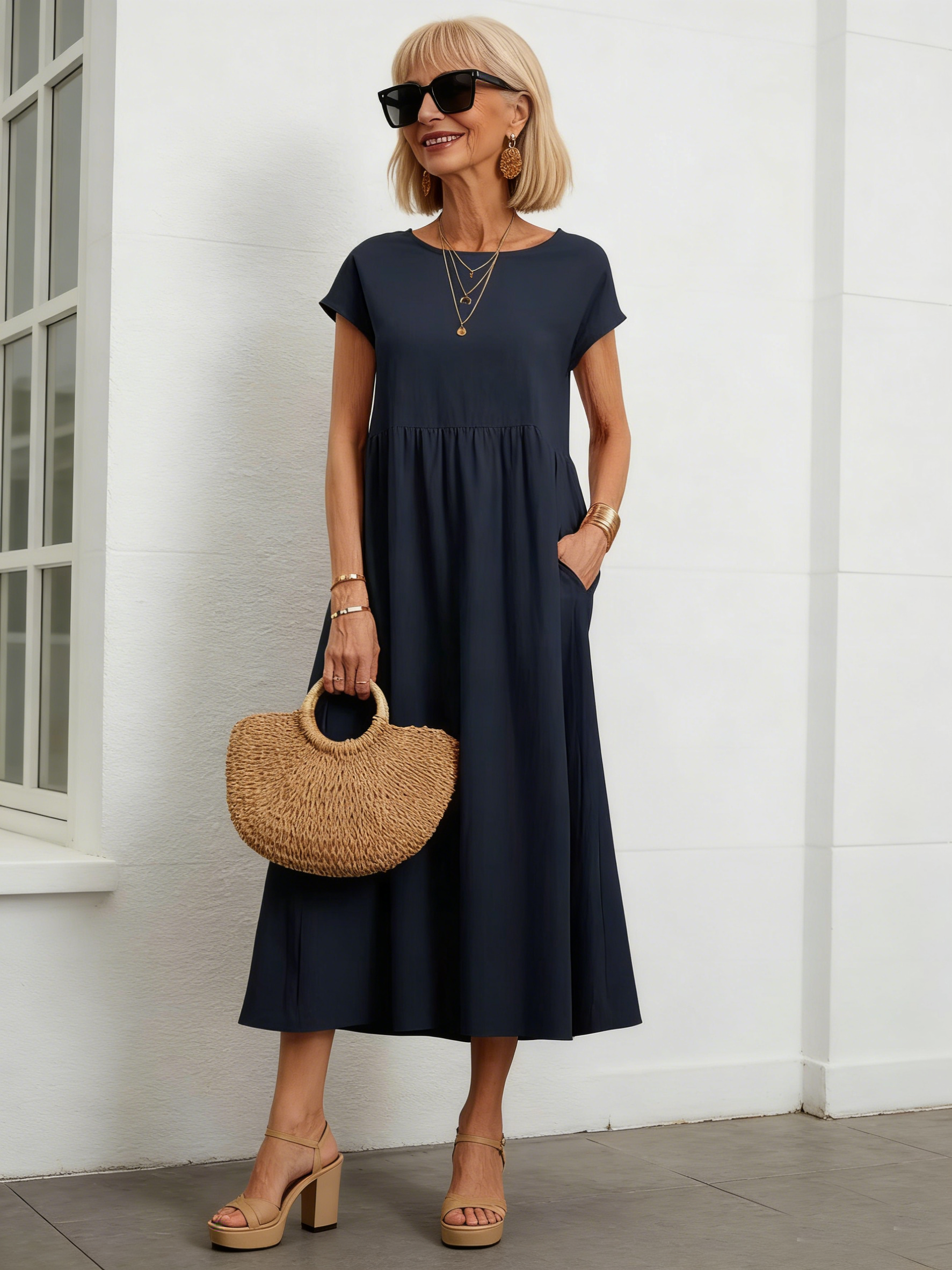 Solid Color Linen Round Neck Fitted Dress