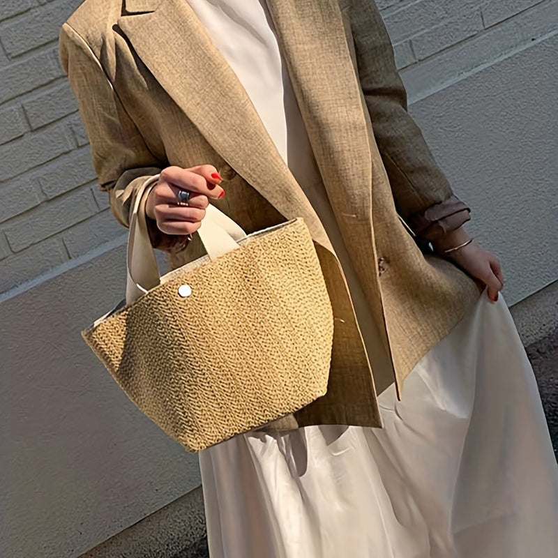 Vintage Straw Woven Handbags, Boho Style Summer Beach Bag, Women's Braided Tote Bag For Travel Picnic