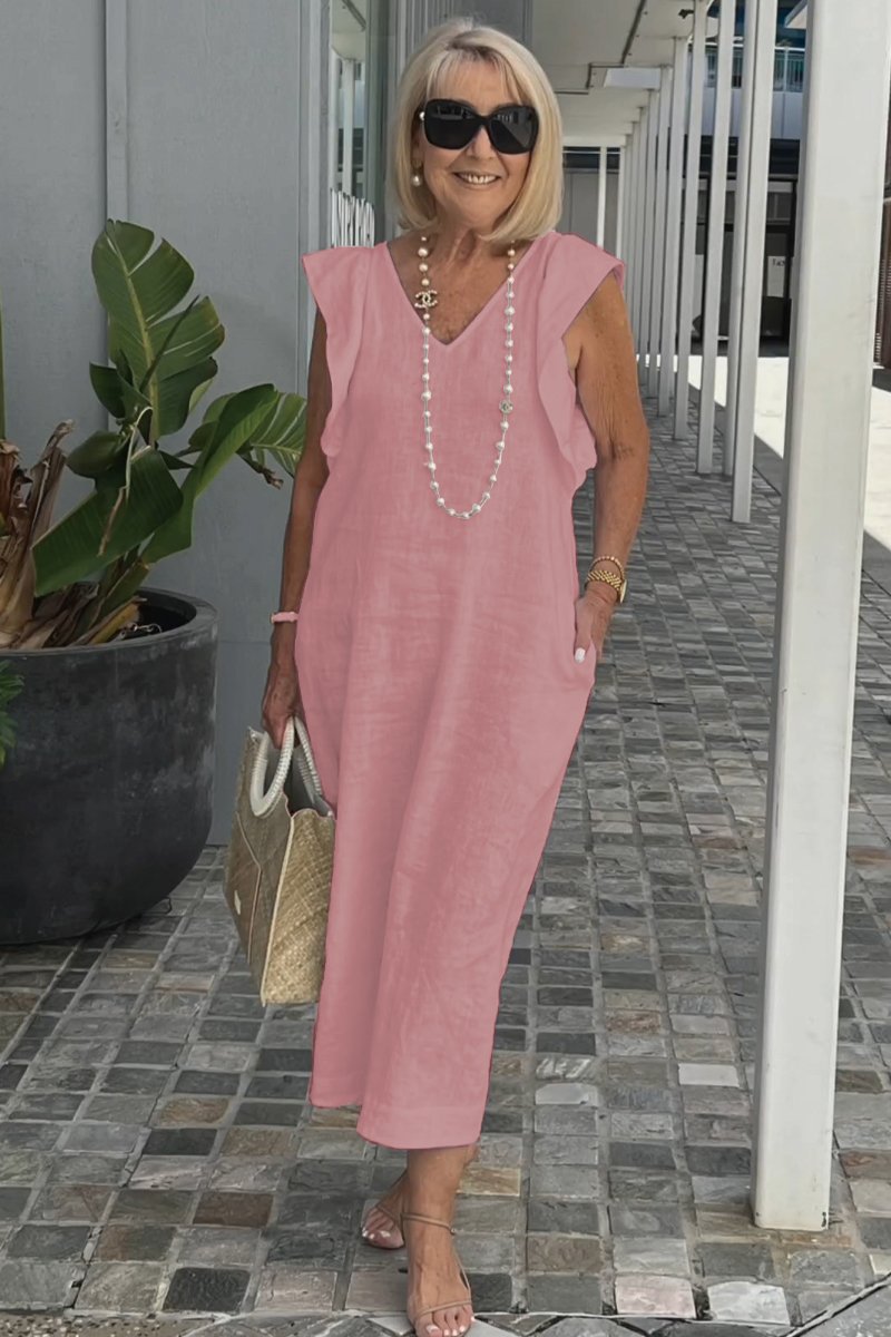 Casual Dress with Ruffle Sleeves,Back Adjustment Rope,Deep Pockets,Pure White Formal Dress, Evening Dress