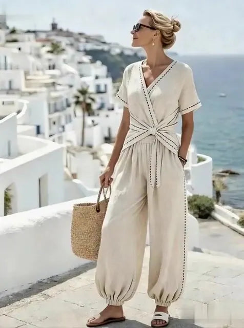 Women'S Casual Crossover Top And Wide-Leg Pants Set