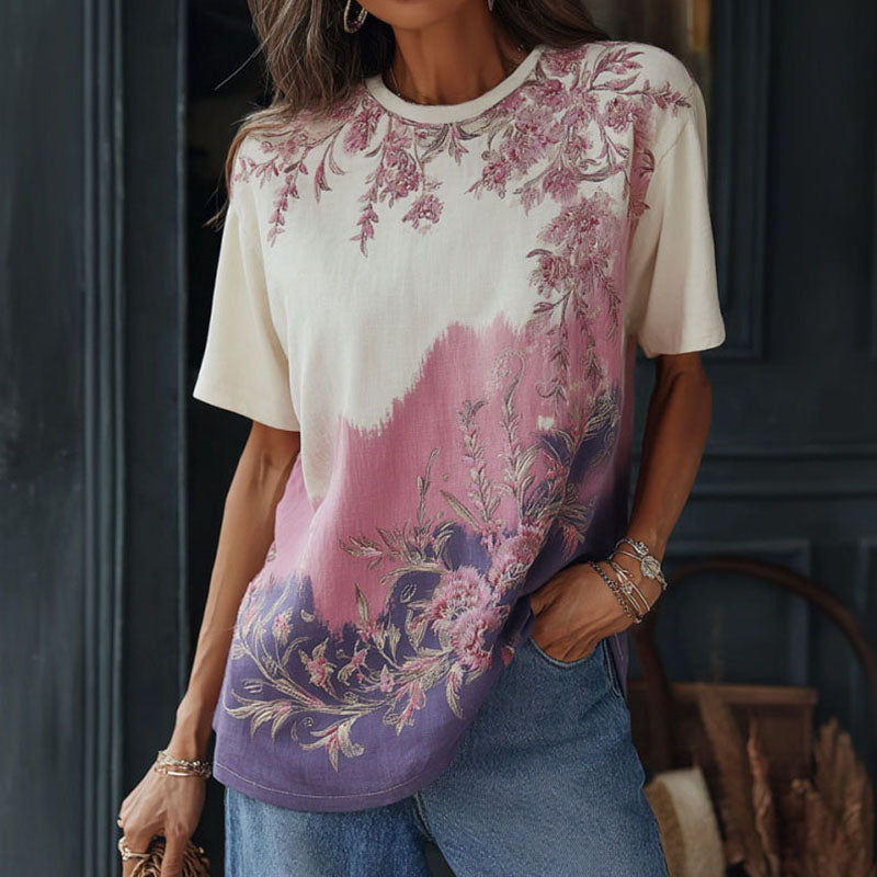Women's Floral Art Print Color Block Casual T-shirt
